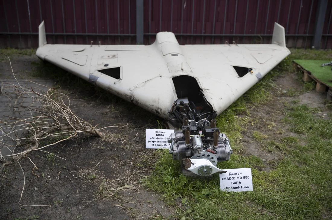 Recovered Shahed-136 remains displayed at a forensic institute in Kyiv