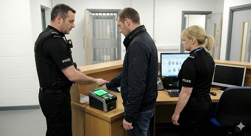 A detainee's fingerprints being taken during booking-in